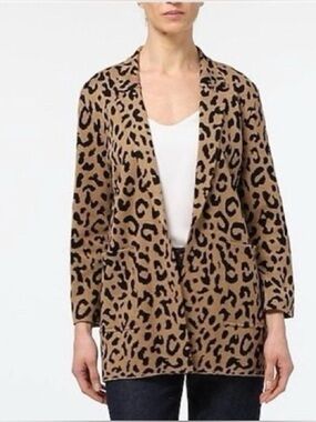 J.Crew Sophie Leopard Knit Blazer Size Large Open Front Merino Wool Blend